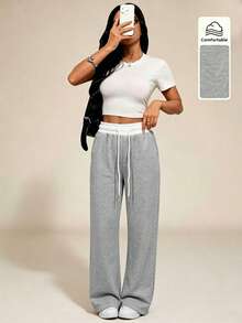 Women High Waist Drawstring Wide Leg Straight Leg Sports Pants With Side Pockets Fall Winter Workout Yoga Fitness Training Outdoor Lounge Trousers - Grey - View 4