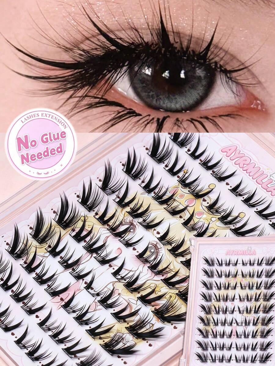 Ayrmilla AYRMILA Glueless Self Adhesive Cluster False Eyelashes, No Glue Required Manga Individual Lashes, Reusable Segmented Fake Eyelash Extensions With Lovely Cartoon Storage Tray For Daily Makeup - C - View 1