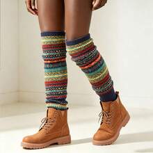 Autumn/Winter Thickened Wool Warm Vintage Color Block Layered Bohemian Knee-High Leg Warmers - Navy Blue - View 2
