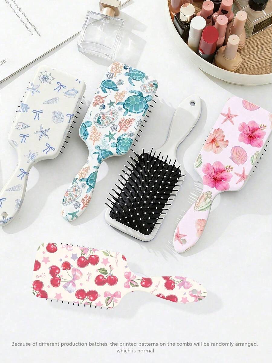 Summer Blue Turtle Pattern Straight Hair Cushion Brush, College Style Ocean Shell Pattern Large Massage Breathable Handheld Comb, Back To School Essential, INS Style Floral Comb, Birthday And Holiday Gift, For Family And Friends - Multicolor - View 1