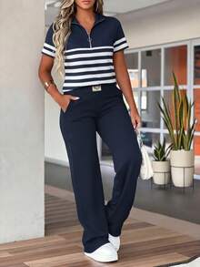 Women's Spring And Summer Outfit Casual Two-Piece Set Short-Sleeve Top With Solid Color Pants Suitable For Everyday, Street, And Sports - Royal Blue - View 3