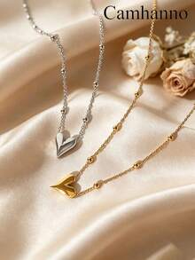 Camhanno 2pcs/1pc Minimalist Pointed Heart Stainless Steel Set, Stainless Steel Plated With 18K Gold, Versatile Necklace, Best Friend Accessory - Multicolor - View 1