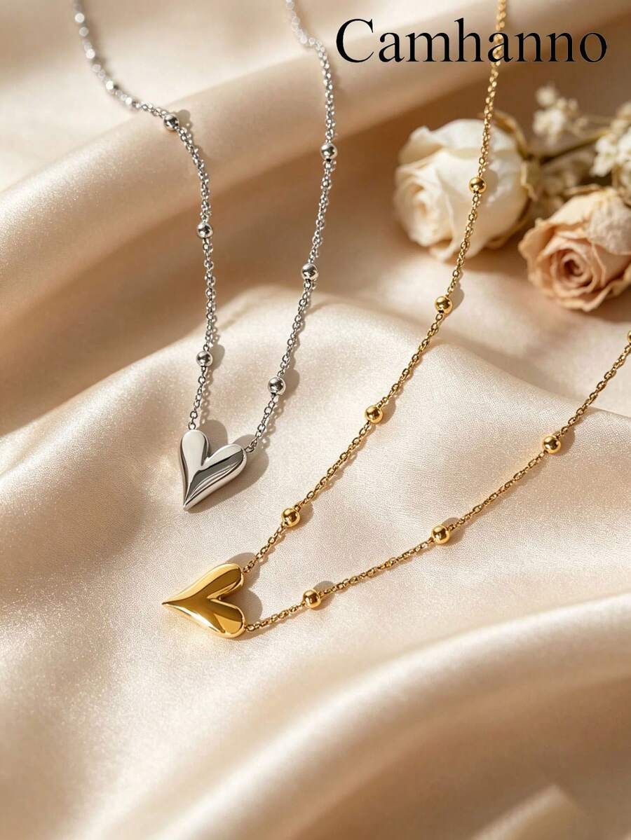 Camhanno 2pcs/1pc Minimalist Pointed Heart Stainless Steel Set, Stainless Steel Plated With 18K Gold, Versatile Necklace, Best Friend Accessory - Multicolor - View 1