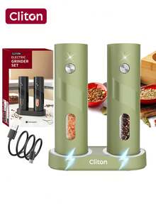 CLITON 可充電自動電動鹽與胡椒研磨器，單手操作 LED 燈香料磨盤，電子香料搖搖瓶，3 種選項可選：單個研磨器 / 2 個研磨器套組 / 2 個研磨器附充電底座，適用於廚房、用餐與燒烤 - 彩色 - 查看 12