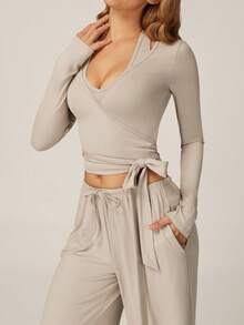 TimeOff Women's One Set Solid Color Cross Wrap Tie Waist Long Sleeve Cover Up With Elastic Drawstring Side Pockets Wide Leg Pants - Apricot - View 9