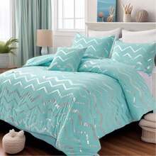Aqua/Silver Comforter Set Twin/Twin XL Size, Metallic Print Glitter Bed Comforter For All Sesaon, Easy Care Cute Shinny Bedding For Teen Girls Kids Women, 3 Piece (1 Pillowcase, 1 Decorative Pillow Sham). Halloween&Christmas Decor - 水藍色 - 查看 4