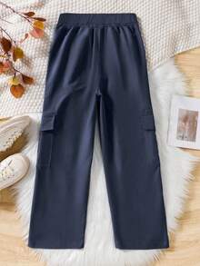 1 pieza Pantalones cargo casuales y sueltos de unicolor de moda para niñas preadolescentes, con múltiples bolsillos, para primavera/otoño - Azul - Ver 2