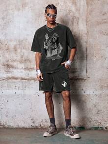 Skyrend Plus Size Men's Jesus English Element Print Casual Washed Short Sleeve Shorts Set, Spring/Summer Grunge - Black - View 3