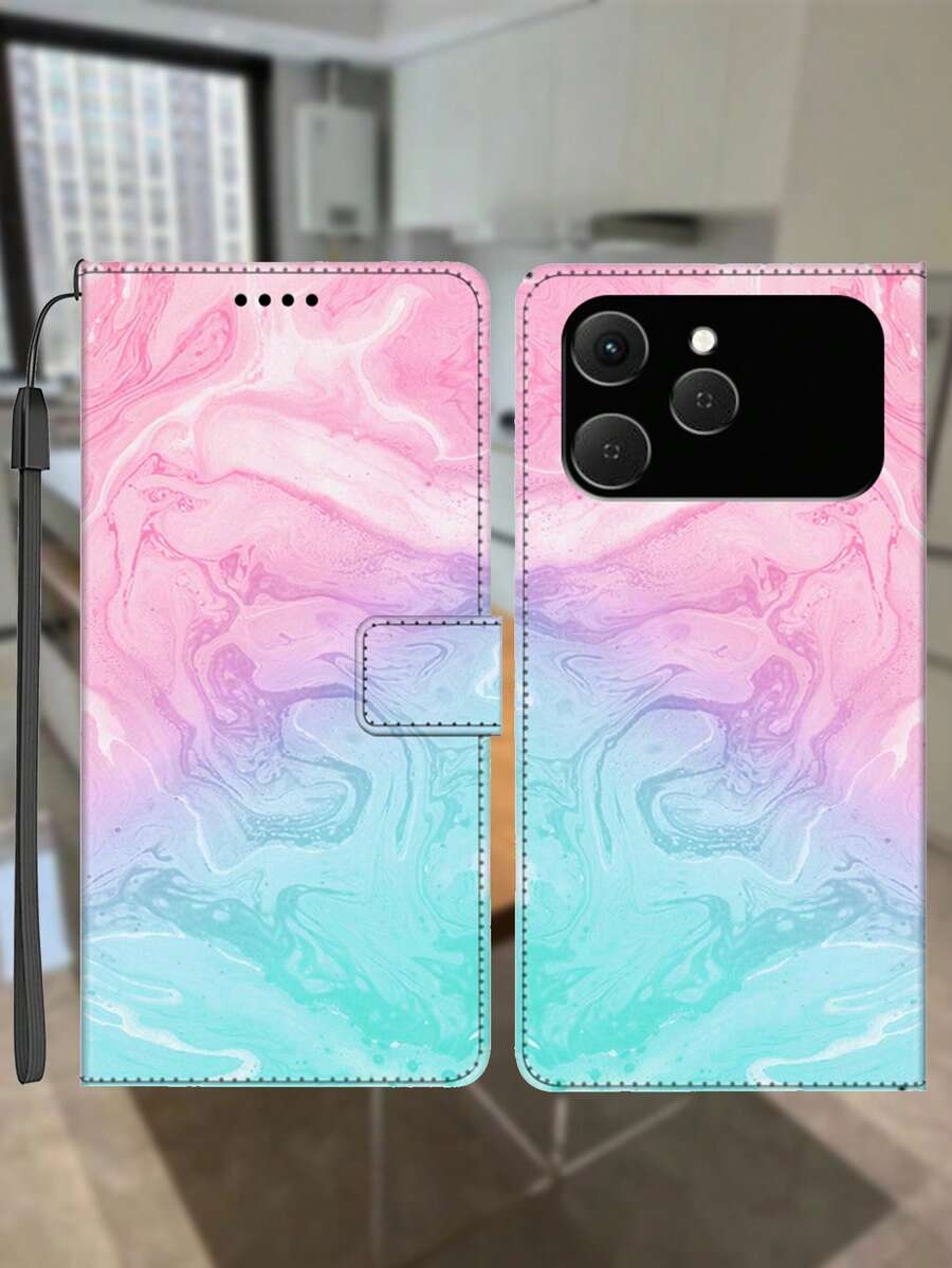 Wallet Card Holder Artificial PU Leather Case Painted Marble Stone Texture Pattern Anti-Drop Stand Phone Case Gift With Lanyard - Multicolor - View 1