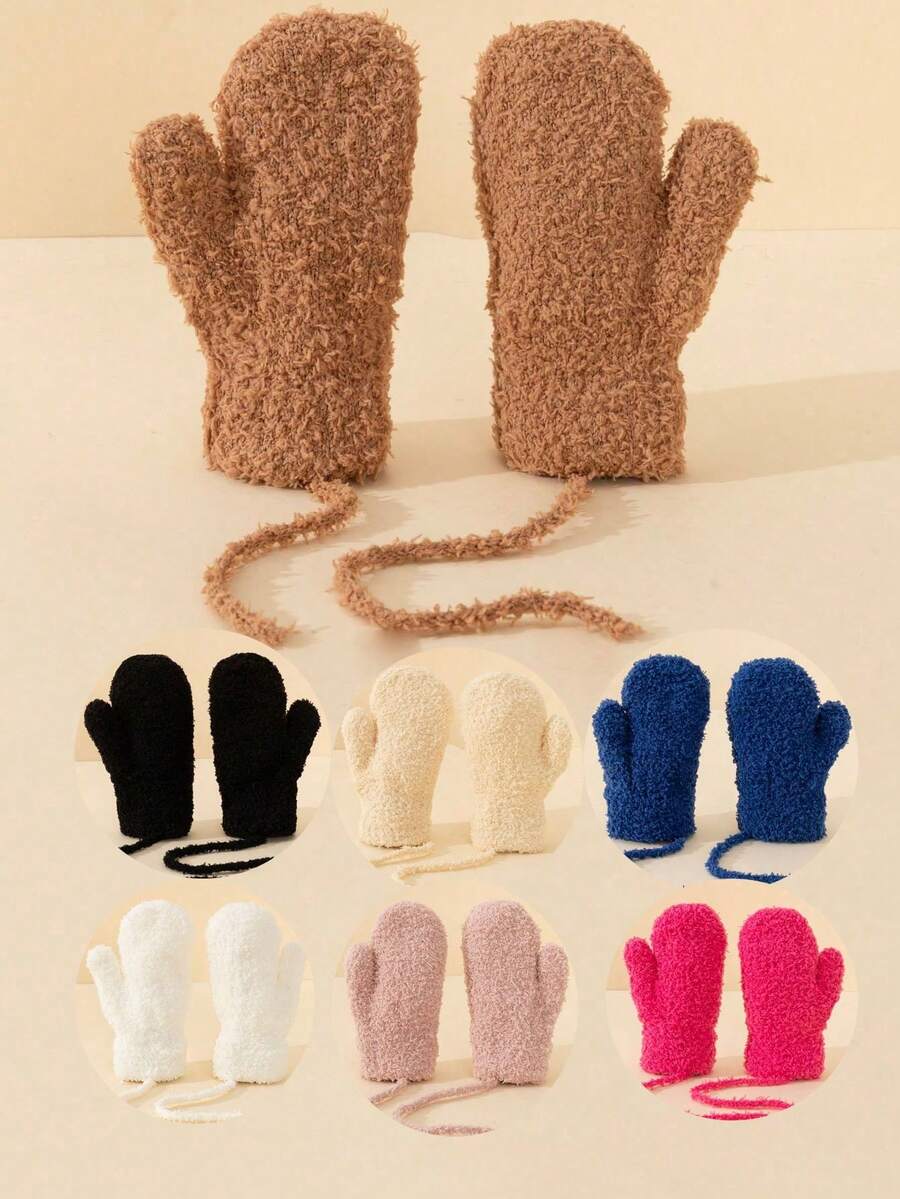 1pc Unisex Kids Full Finger Neck Hanging Knitted Mittens, Candy Color Thickened Autumn/Winter Half-Fleece Knitted Gloves - 1Pair - View 1