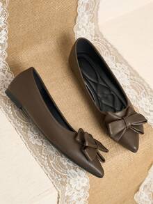 Pointed Toe Low Vamp Bow Flat Shoes, Delicate Satin Texture Soft And High-End Feel, Versatile Shoes. - Light Brown - View 3