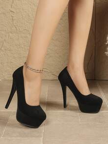Elegant Round Toe Stiletto Heel Professional Women's Pumps, Black Suede High Heel Slip-On Shoes - Black - View 2