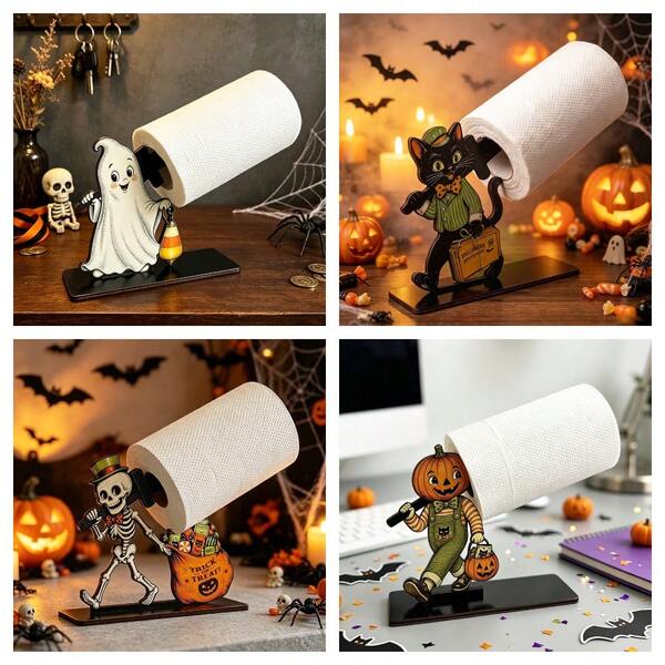 1/4pcs Fun Halloween Wooden Tissue Holder, Featuring Ghost, Skeleton, Pumpkin, And Black Cat Designs, Suitable For Parties, Living Room, And Dining Table Center Decorations.