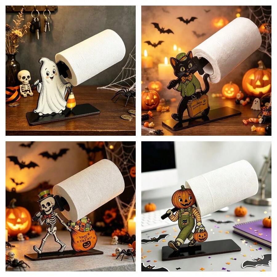 1/4pcs Fun Halloween Wooden Tissue Holder, Featuring Ghost, Skeleton, Pumpkin, And Black Cat Designs, Suitable For Parties, Living Room, And Dining Table Center Decorations. - Napkin Holder - View 1