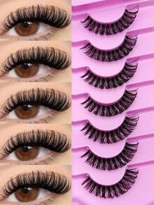 7 Pairs Russian Strip False Eyelashes, Fluffy Soft Thin Faux Mink Lashes, Enhance Eye Radiance, Suitable For Daily, Party, Date Makeup And Eyelash Extensions - Black - View 1