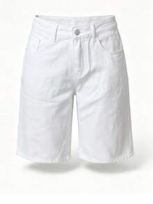 Classic Casual Style Denim Knee Length Shorts, With Pockets, Button And Zipper, Straight Leg, Non-Stretch Fabric White Summer, Everyday Wear - White - View 11