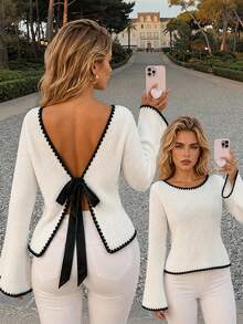 NOVELLE Damen eleganter lässiger weißer Strickpullover mit Ärmeln für Herbst/Winter, rückenfrei V-Ausschnitt Schleife Preppy-Stil Top, geeignet für Date und Party - Weiss - Übersicht 7