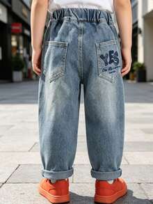 Young Boy Casual Fashion Street Style Daily Commute Versatile Elastic Waist Letter Print Washed Tapered Leg Jeans - Baby Blue - View 6