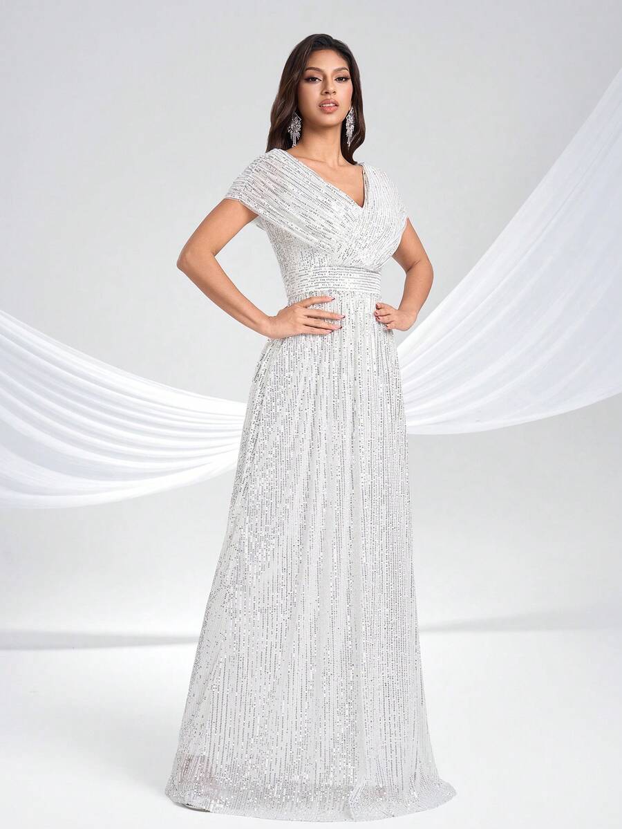 Women's Shiny Elegant Double V-Neck Ruched Evening Dress Party Wedding - White - View 1