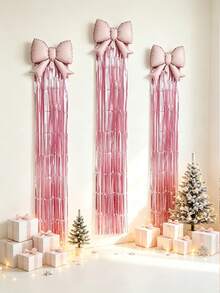 4pcs/Set 21 Inch Bow Tassel Ribbon Balloon Set, Wall Hanging Party Backdrop Decoration, Birthday, Wedding, Christmas, Halloween, Baby Shower Party Decoration, Christmas Decoration Balloons - 4-piece Pink Butterfly Balloon Rain Curtain Set - View 5