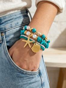 1 Set Artificial Turquoise Beaded Bohemian Ocean Style Bracelet Set - Style Thirteen - View 1