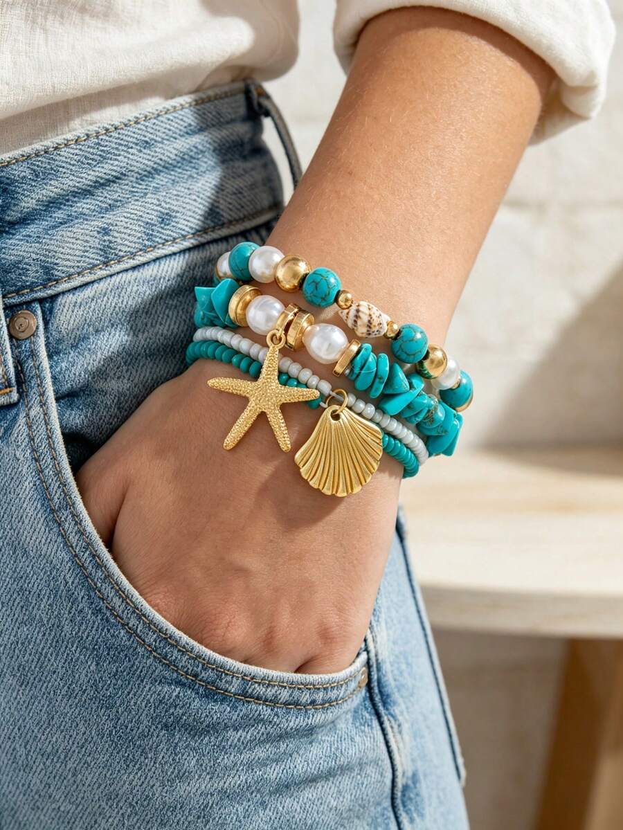 1 Set Artificial Turquoise Beaded Bohemian Ocean Style Bracelet Set - Style Thirteen - View 1