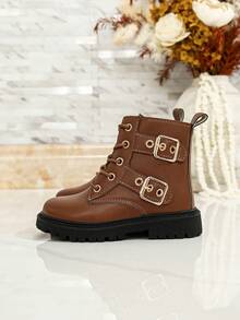 Girls' Double Buckle Boots, Autumn/Winter British Style Children's Side Zipper Ankle Boots, Thick Sole Non-Slip Fashion Casual Boots - Brown - View 4