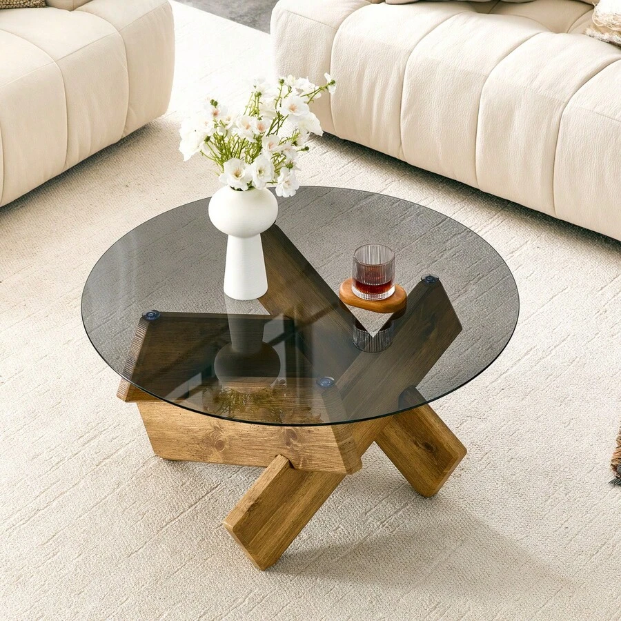 Mesa de centro redonda de MDF + vidrio, disponible en varios colores: Estructura de madera en forma de cruz, creativa, sencilla y elegante.79 de diámetro, superficie de vidrio templado de 0,8 de grosor. - Madera + MDF + vidrio - Ver 1