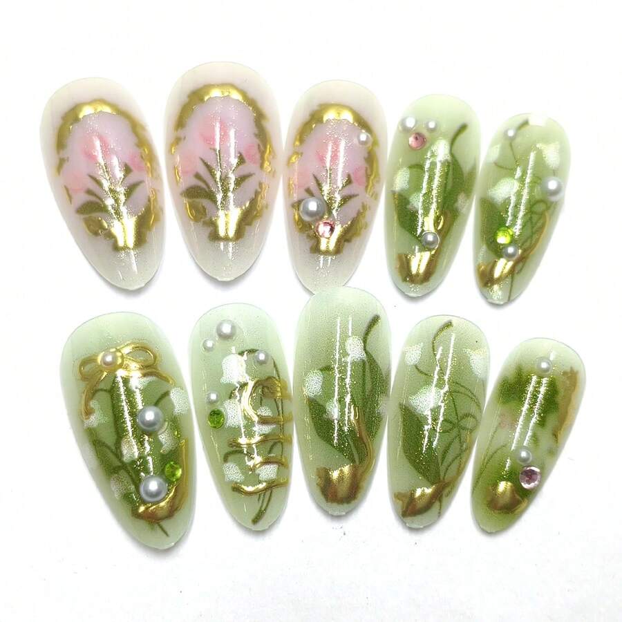 24pcs Almond-Shaped Short Press-On Nails, Green Floral Pattern, Glossy, 3D Rhinestone Decor, Detachable Sweet Orchid Style False Nails, Suitable For Spring & Autumn, Nail Art Supplies - Multicolor - View 1