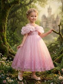 Young Girl Shiny Long Princess Dress, Open Shoulder Ruffle Puff Sleeve Sequin Tulle Full Skirt, Little Girl Fairy Princess Gown For Halloween, Christmas, Party, Evening, Holiday, Formal Occasions - Pink - View 4