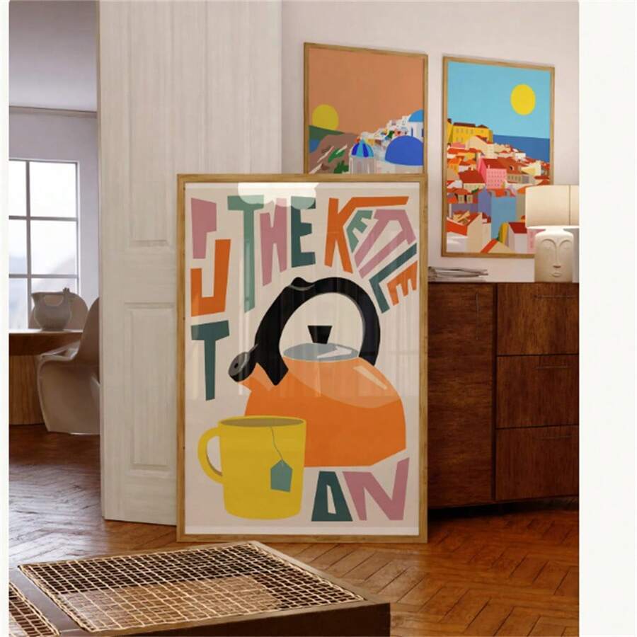 1 Pc Home Decor Poster Unframed,Put The Kettle On Art Print | Kitchen Wall Art | Retro Kitchen Decor | Tea Lover Gift | Colourful Typography Poster | New Home Gift - A - View 1
