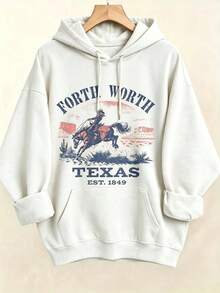 Women's Western Style Fort WorthTexasEST1849CowboyPatternHoodieSoftCrewNeckPulloverWith Cactus And Longhorn DesignComfortableCasualLongSleeve Sweater - White2 - 查看 1