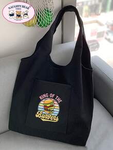 Fashionable Minimalist Versatile Cartoon Print Canvas Bag - Black - View 2