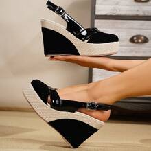 Bohemian Hollow Out Vacation Black Suede Wedge Heel Thick Sole Closed Toe Single Strap High Heel Shoes For All Seasons - Black - View 11