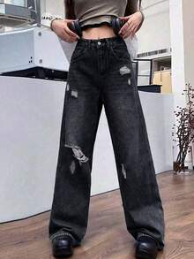 Vintage Distressed Loose Fit Straight Leg Jeans For Petite Women, Flattering & Versatile Casual Spring - Grey - View 2