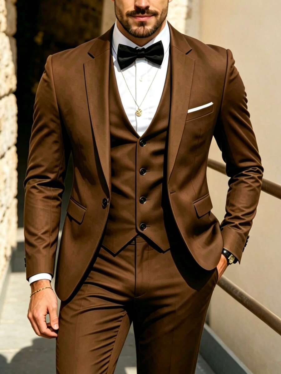 男士時尚商務西裝 春秋款 高品質 正式辦公套裝 修身版型 新郎婚禮西裝外套 - 棕色 - 查看 1