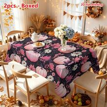 1/2pcs Autumn Tablecloth, Pink Pumpkin & Floral Pattern Polyester Fabric Tablecloth, Suitable For Dining Table, Kitchen, Coffee Table, Picnic, Camping, Country Farmhouse Decor, Autumn Thanksgiving Holiday Tabletop Protection & Beautification - Multicolor - View 8