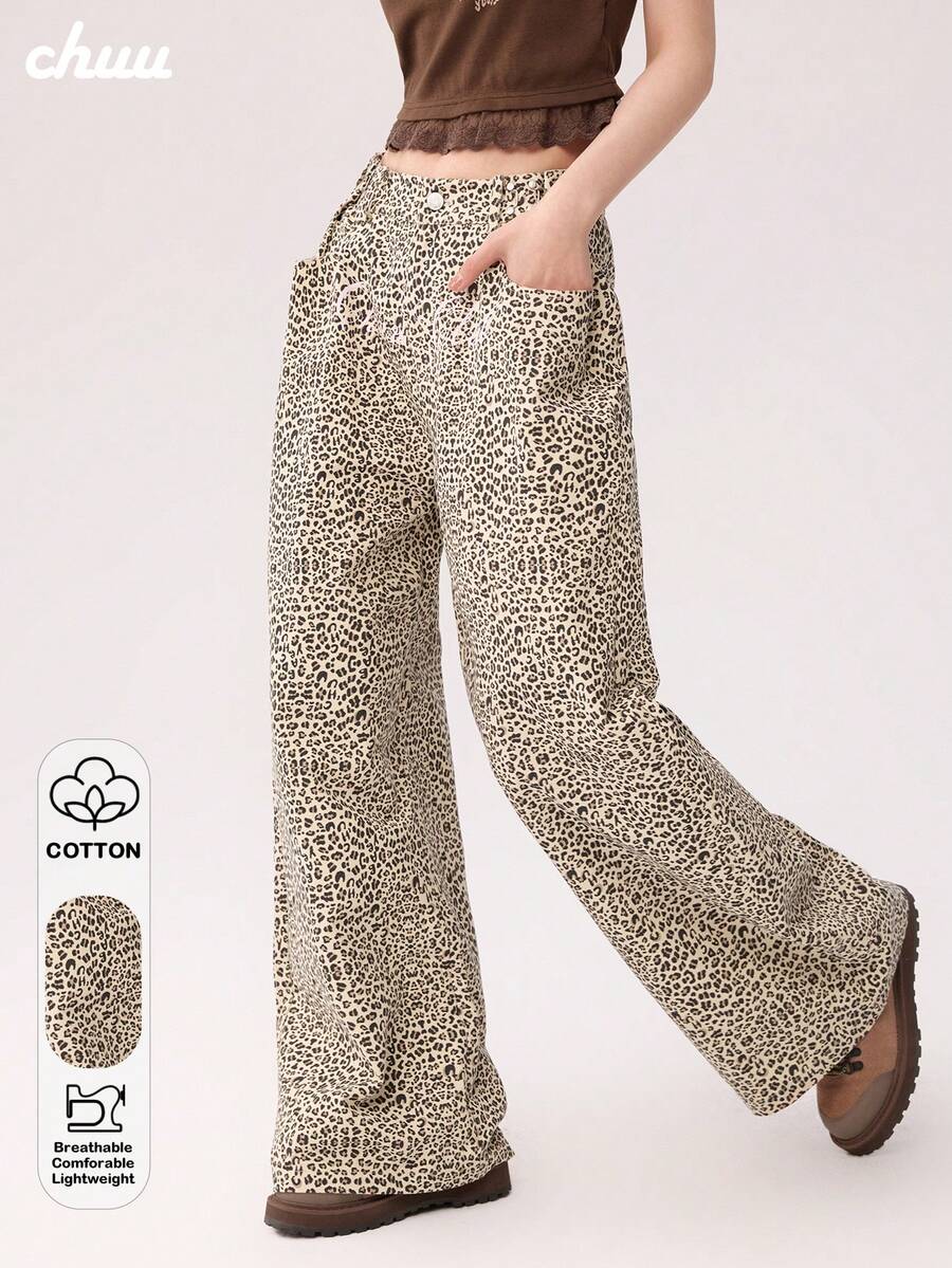 CHUU 1pc Leopard Print Woven Fabric Long Pants, Casual Dating, Autumn/Winter, Adjustable Waist, Straight Leg - Coffee Brown - View 1