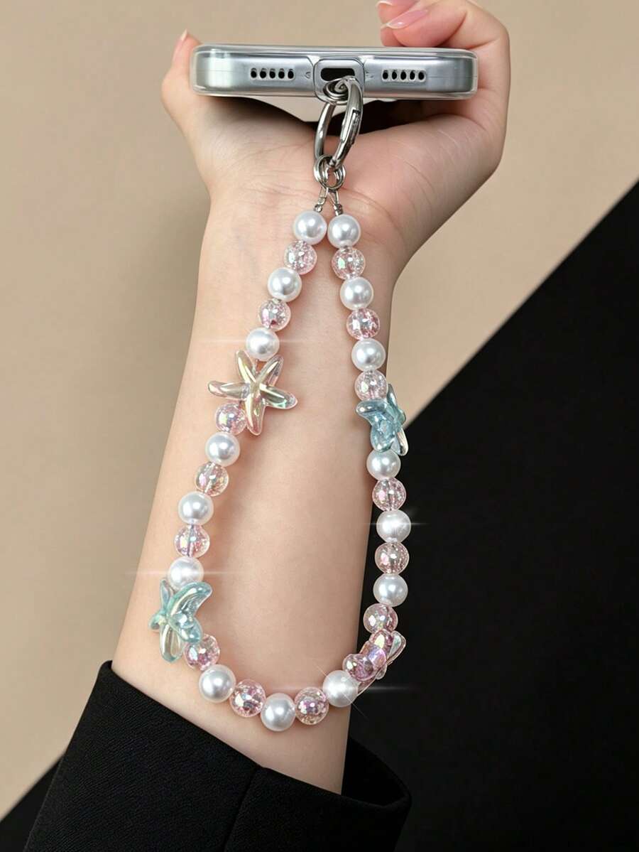 Y2K Mermaidcore Starfish Beaded Phone Charm Strap, Pink Iridescent Crystal Pearl Phone Lanyard, Cute Beach Aesthetic Wristlet - Multicolor - View 1