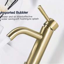 1pc Brushed Golden Stainless Steel Single Handle Hot Cold Mixer Tap, Water Saving Curved Spout Luxury Washbasin Faucet With Complete Installation Hardware, Brushed Metal Finish Elegant Tap For Home Bathroom Vanity - Multicolor - View 11