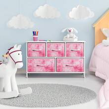 Kids Dresser With 5 Drawers - Storage Chest Organizer Unit With Steel Frame, Wood Top, Easy Pull Fabric Bins - Long Wide TV Stand For Bedroom Furniture, Hallway, Closet & Office Organization - Tie-dye Pink - View 6
