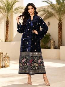 Heavy Beaded Embroidered Arabic Women's 2026 Winter Blue Elegant Dress, JALABIYA Long Sleeve Notch V-Neck, Winter Casual Party Outfit - Royal Blue - View 5