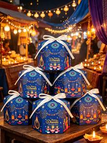12/8pcs Diwali Party Oil Lamp, Fireworks Pattern Gift Boxes, Blue And Purple Hexagonal Gift Boxes With Yellow And White Dual-Color Ribbons, Diwali Party Decoration Boxes, Theme Party DIY Gift Boxes, Suitable For Diwali Celebration Decoration, Party Decoration, Birthday Party And Various Celebration Activities. - View 3