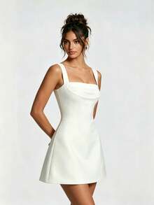 White Adjustable Shoulder Strap Back Tie Waist A-Line Flare Mini Dress - White - View 4