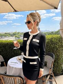 Women White Ribbed Zip V Neck Cropped Top Flare Pants 2 Piece Outfit Fall Y2K Aesthetic Streetwear Casual Matching Set - Black - View 3