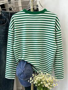 1pc Tween Girls Casual Classic Retro Striped Fashion Design Crew Neck Long Sleeve T-Shirt Top Autumn/Winter - Green - View 3
