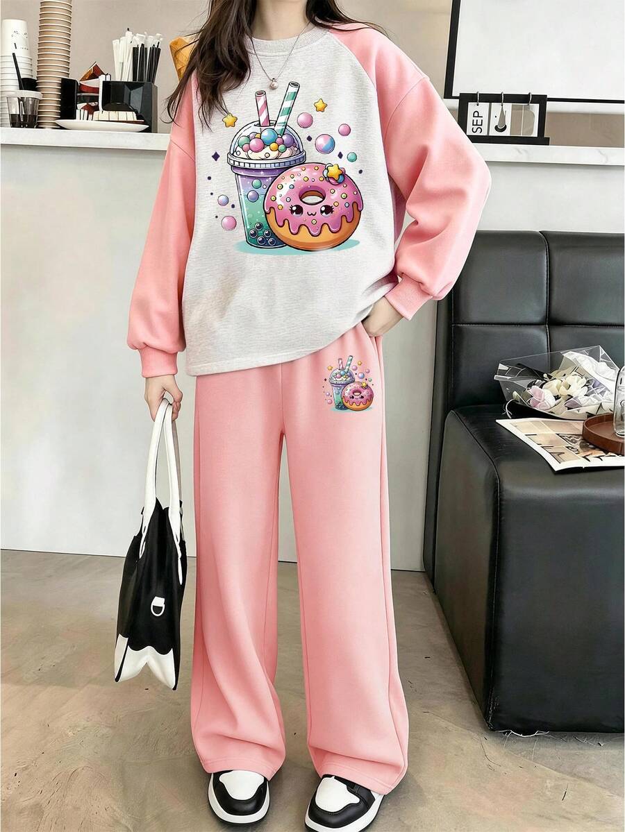 2pcs Set Suitable For Young Girl And Girls, Round Neck Sweatshirt And Wide Leg Pants Outfit, Printed With Cartoon Pearl Milk Tea And Donut Pattern Round Neck Sweatshirt + Wide Leg Pants Matching Set, Suitable For Autumn/Winter Daily Wear, Campus Style, Homecoming Outfit - Multicolor - View 1