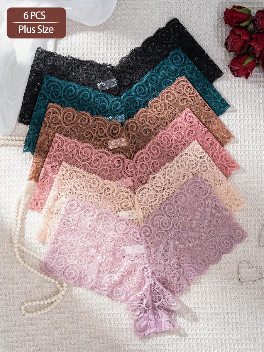 6pcs/Pack Celana Dalam Segitiga Wanita Ukuran Besar Seksi dengan Hiasan Renda, Nyaman, dan Bernapas