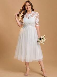 Plus Size Women's Solid Color Conservative Casual Mesh Applique Wedding Dress, Suitable For Wedding Events, Bachelorette Party, Bridal Shower, Brunch, Engagement, Honeymoon, Reception, Rehearsal, Spring/Autumn - White - View 6