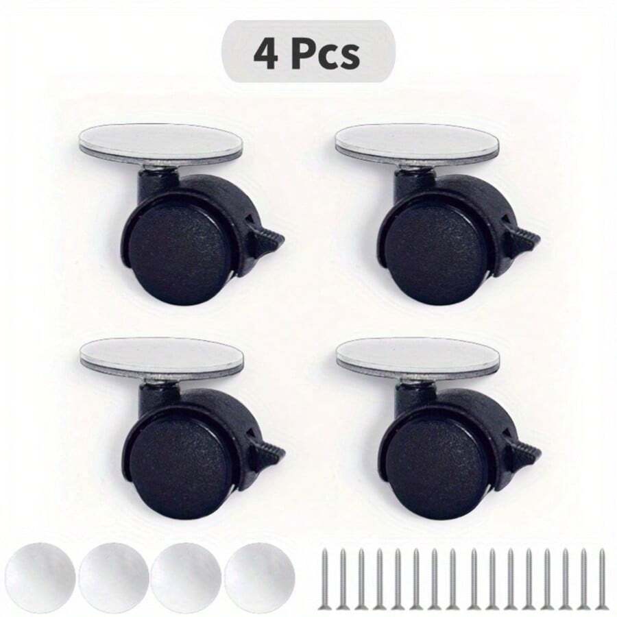 4 Pieces. Self-Adhesive Or Screw Dual-Purpose Rotating Casters With Brakes, Easy To Move And Stable. Suitable For Trolleys, Storage Racks, Shelves And Cabinets. - Black (4-pack) - View 1
